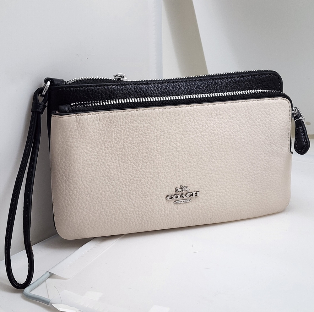 Coach Double Zip Wallet in a two-tone (chalk/off-white&black) colorblock design